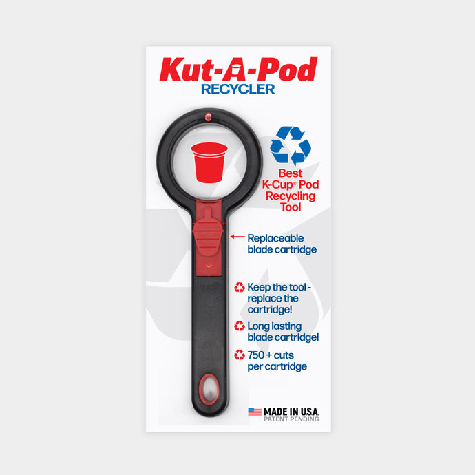 Kut A Pod Recycler is the best tool for cutting separating and recycling K-Cups and coffee pods.  Only pod cutter with replaceable blade cartridge. Only coffee pod cutter that works on all brands of K-Cups, not just Keurig brand.