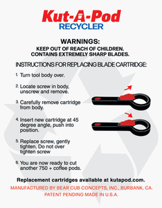 Directions for replacing blade cartridge for the Kut A Pod Recycler. The only coffee pod recycling tool with a replaceable blade cartridge.