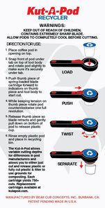 Directions for using the Kut A Pod Recycler to cut, separate and recycle Keurig K-Cups. Only K-Cup recycling tool that works on all brands of Keurig style coffee pods.